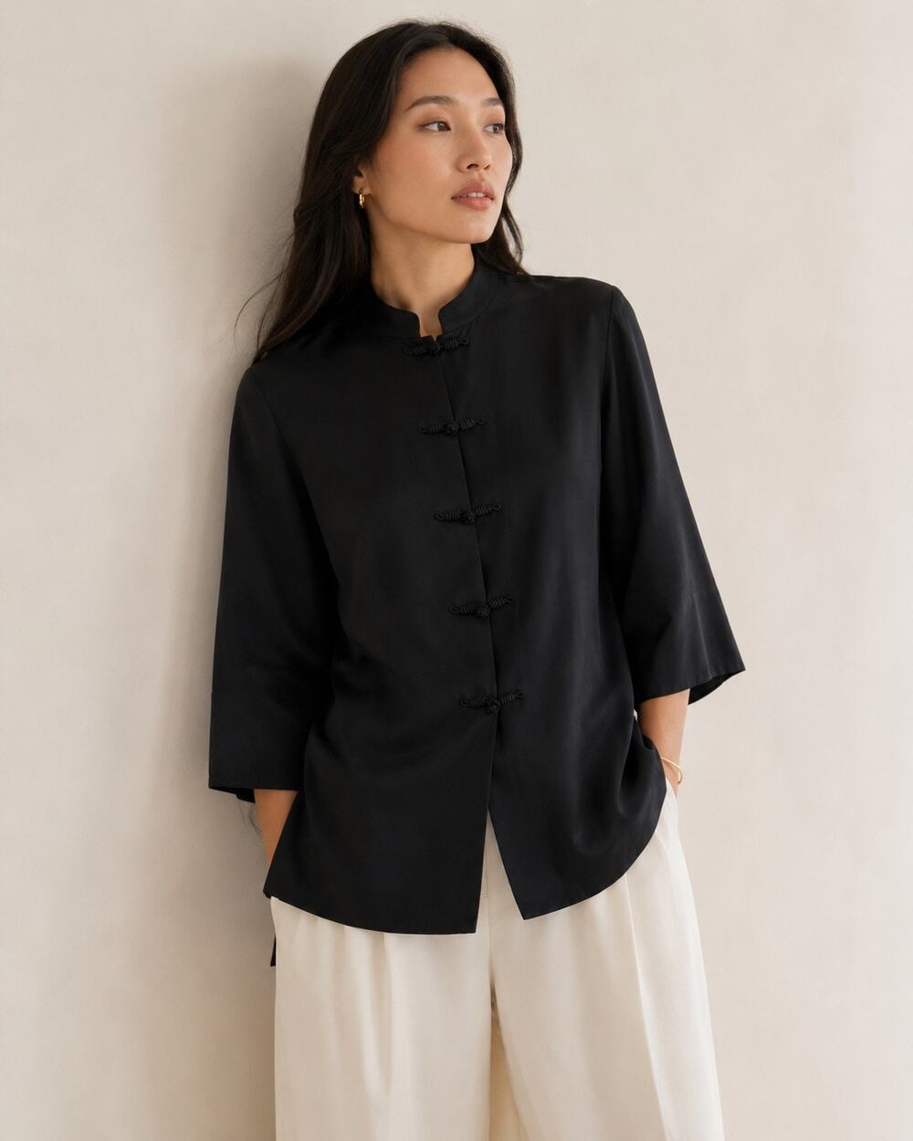 Vintage Ralph Lauren 100% Silk Black Mandarin Jacket 2X Frog Closure Asian